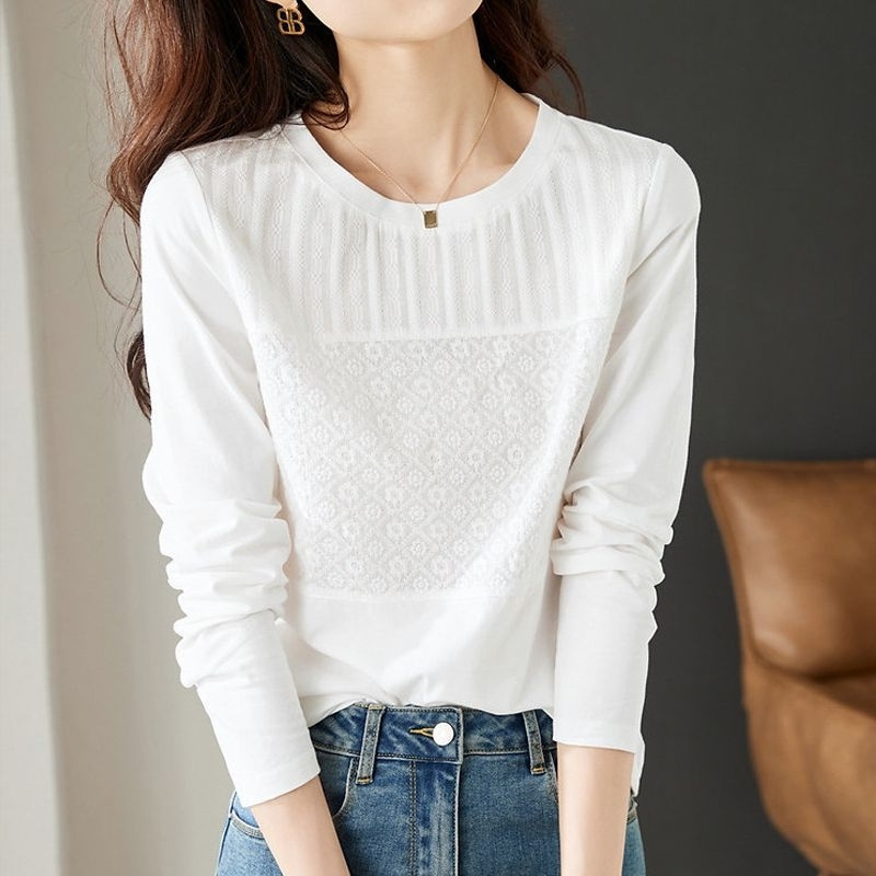 AOKADA 여성 봄 가을 루즈핏 라운드 순면 레이스 긴팔 티셔츠 23,410원