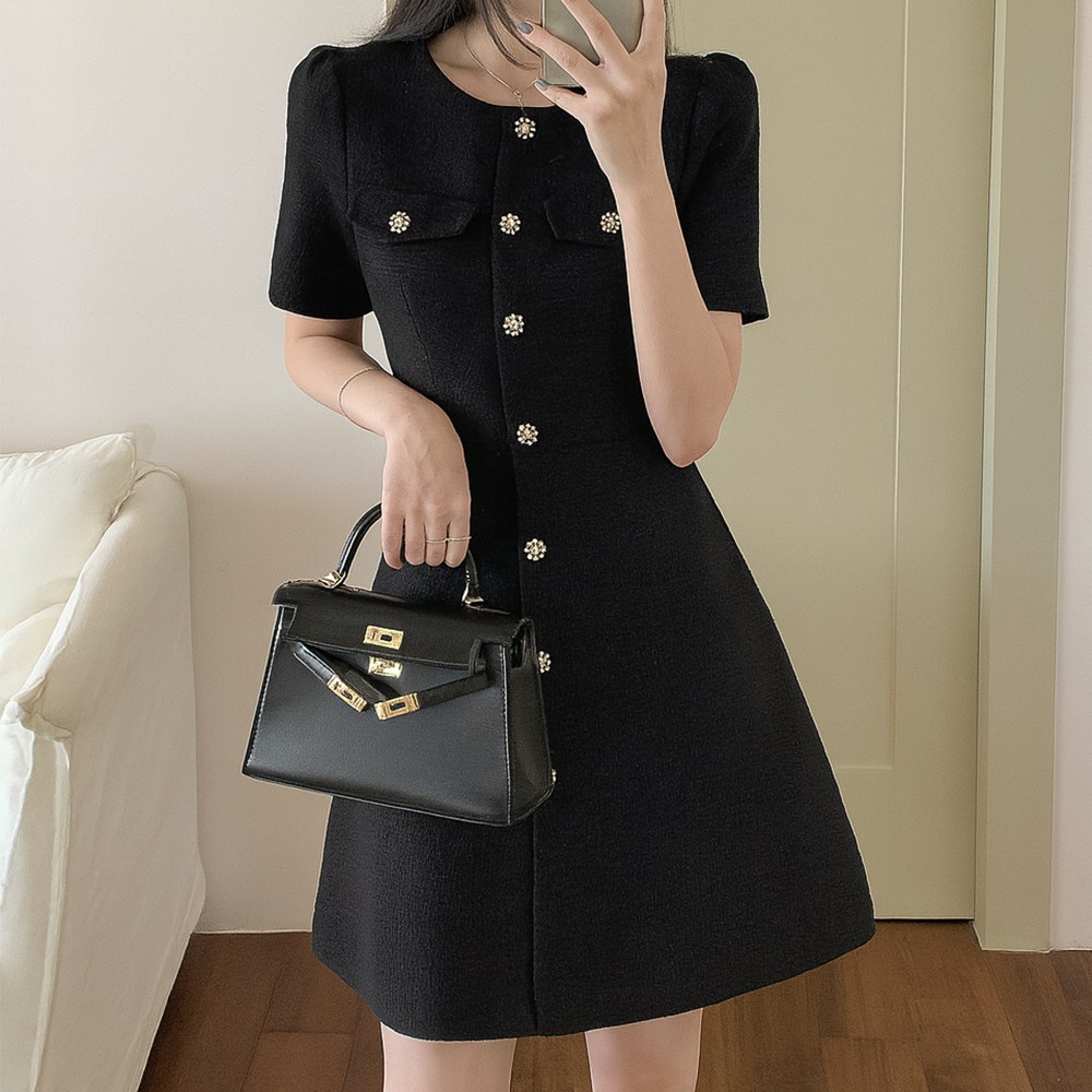 떳다그녀 마리엣 트위드 버튼 클래식 오피스룩 반팔 하객룩 포멀 드레스 A라인 플레어 미니원피스 39,800원