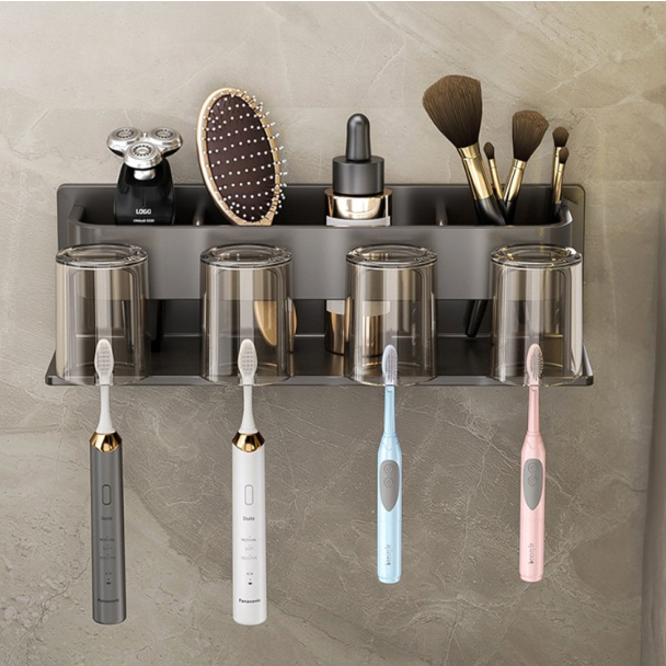 1+1 부착식 칫솔꽂이 무타공 수납형 면도기 치약 걸이 2구 4구 치솔 거치대 칫솔걸이, 1개, 블랙 2구+차콜 2구 20,290원