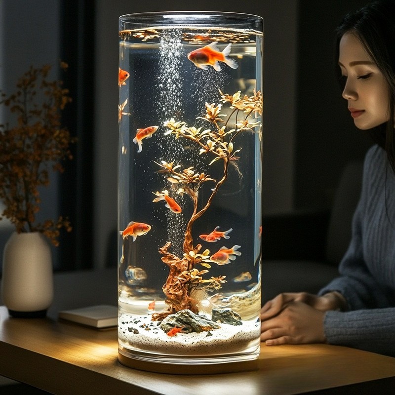 해피유통    모던 실린더 아크릴 어항  가정용 수족관 인테리어 장식 각소류 물고기 수조 바탕수류기 포함    LWJ 20,230원