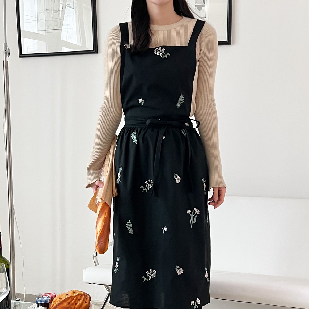 드로우데이즈 프릴 꽃 자수 방수 앞치마, 블랙, 1개 24,310원