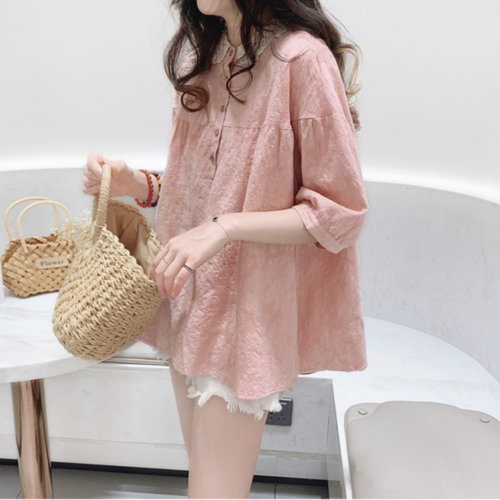 레이스 카라 반팔 린넨 블라우스 셔츠 풀오버 자카드 티셔츠 오버핏, 현재가 23,940원