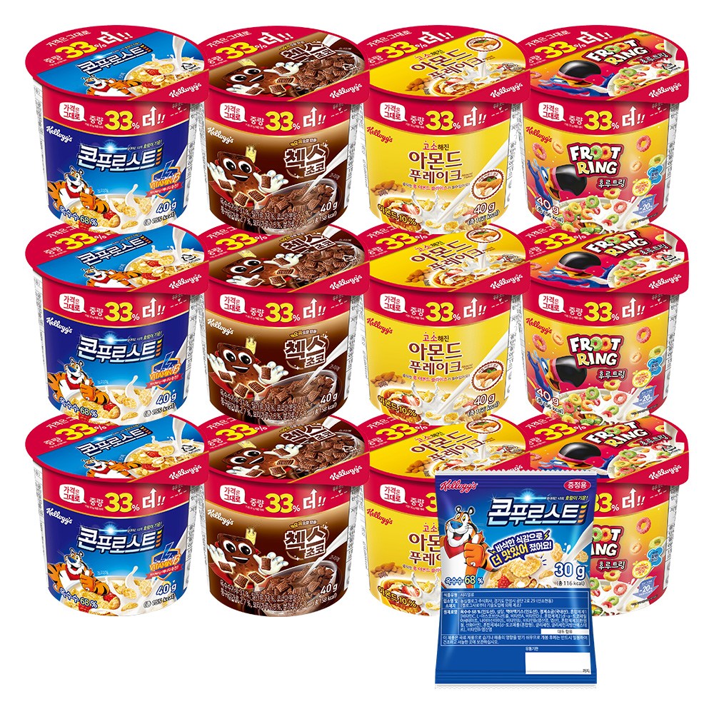 켈로그 컵시리얼 4종 세트 (12개 구성: 콘푸로스트, 첵스초코, 아몬드푸레이크, 후루트링) + 미니 시리얼 30g 증정, 1세트, 480g 17,010원