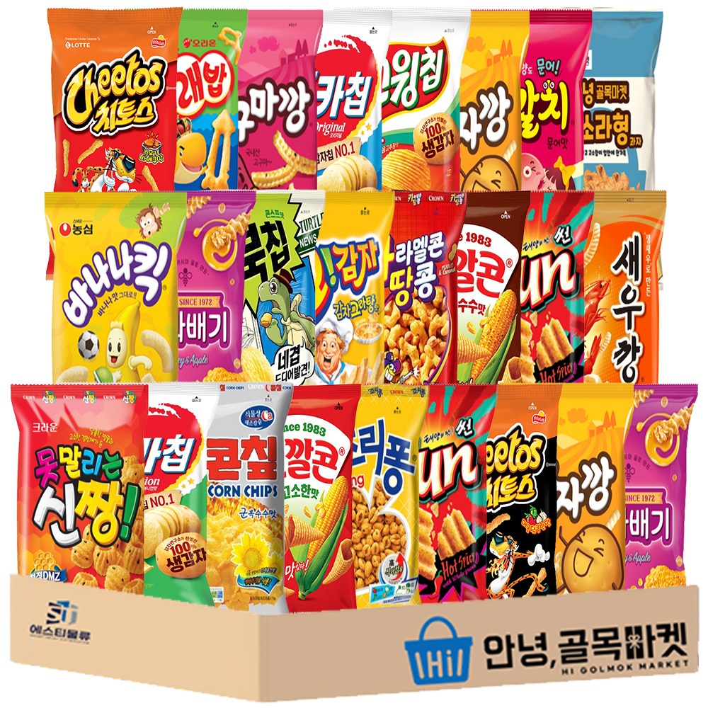 봉지 과자 25종 혼합 세트 ( 농심 새우깡 꿀꽈배기 바나나킥 감자깡 고구마깡 자갈치 오리온 고래밥 포카칩 썬칩 스윙칩 오감자 롯데 꼬깔콘 치토스 크라운 콘칲 신짱 소라) 스낵 3, 25개, 봉지과자 26,480원