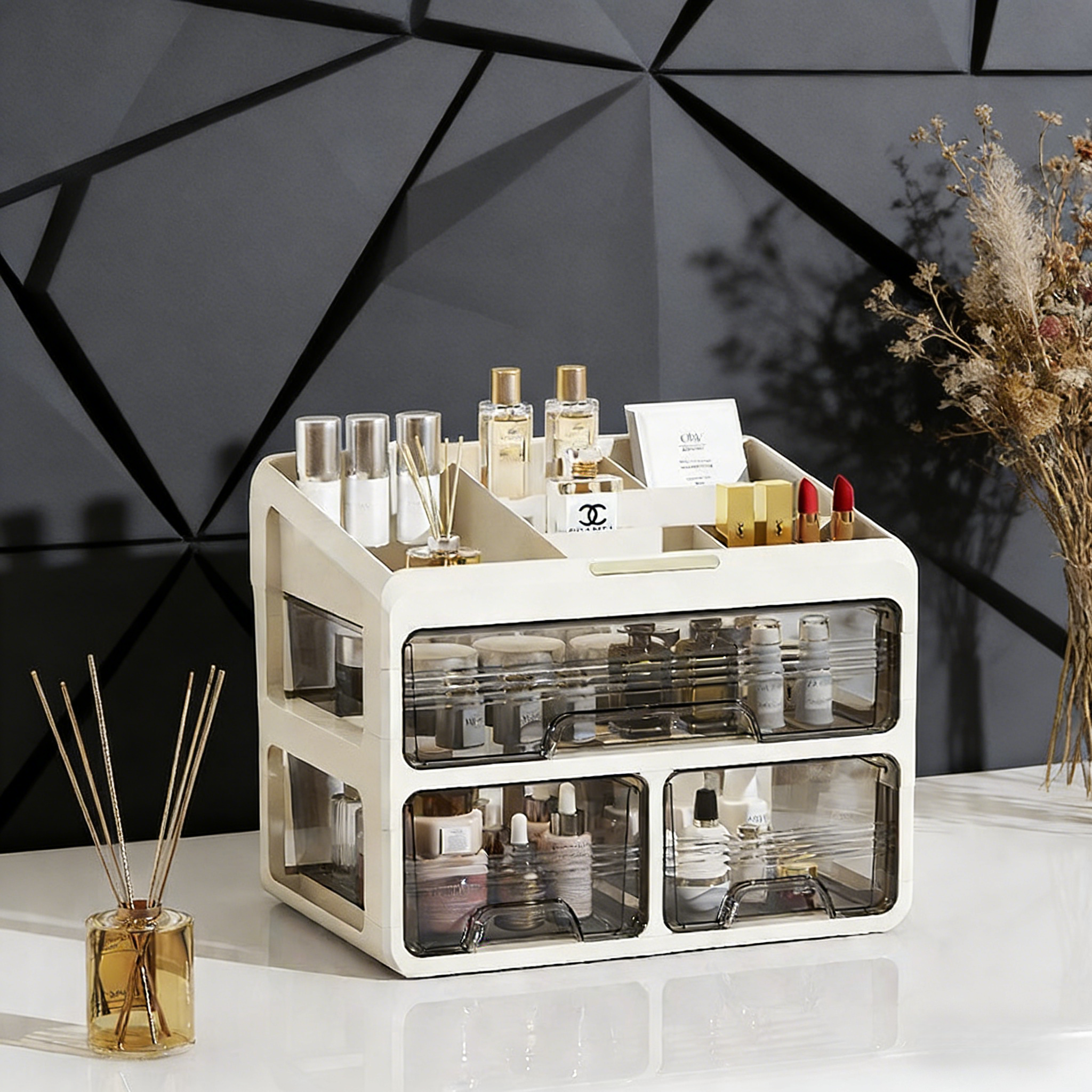 MEMEU 다층서랍형 화장품 정리함 방진 방습 화이트 침실 화장대용 대용량, 1개, 크림화이트 2단+상단선반 31,250원