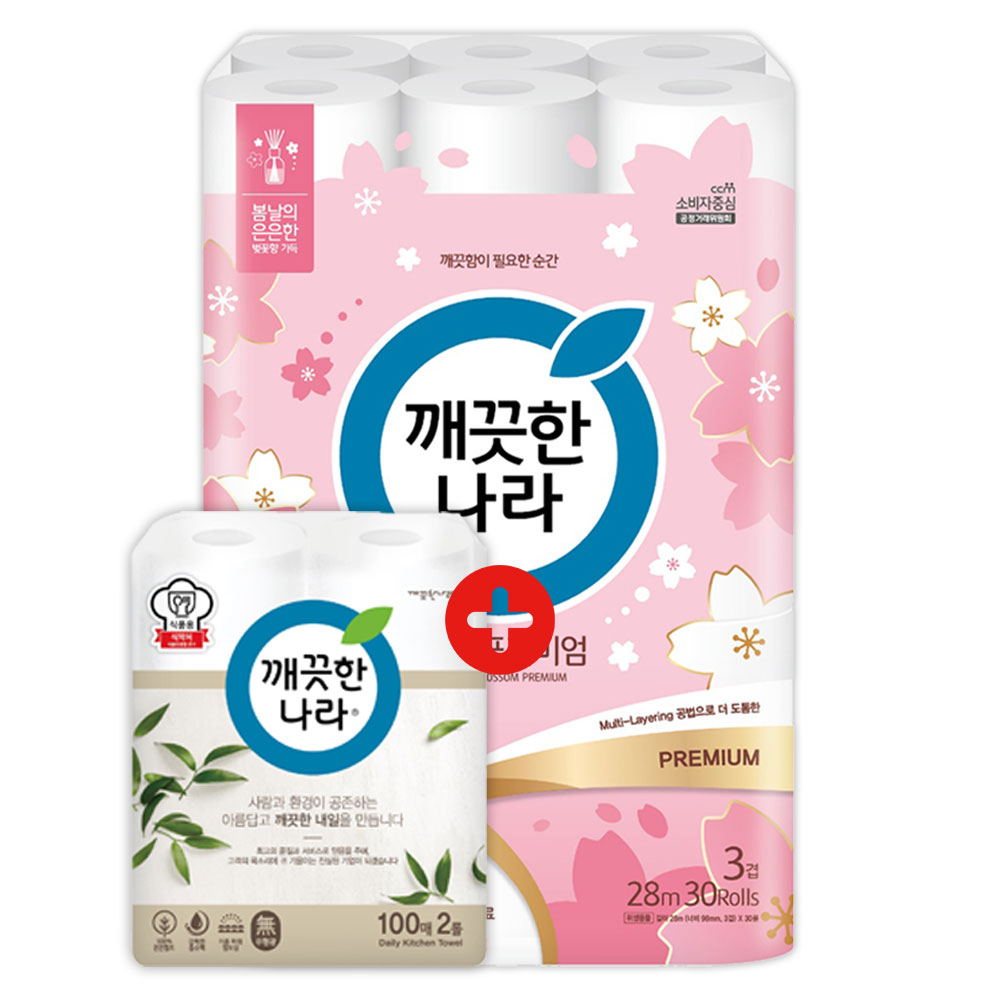깨끗한나라 화장지 3겹 허브가든 벚꽃 프리미엄 28m 30롤 1팩 + 키친타올 100매 2롤 20,500원