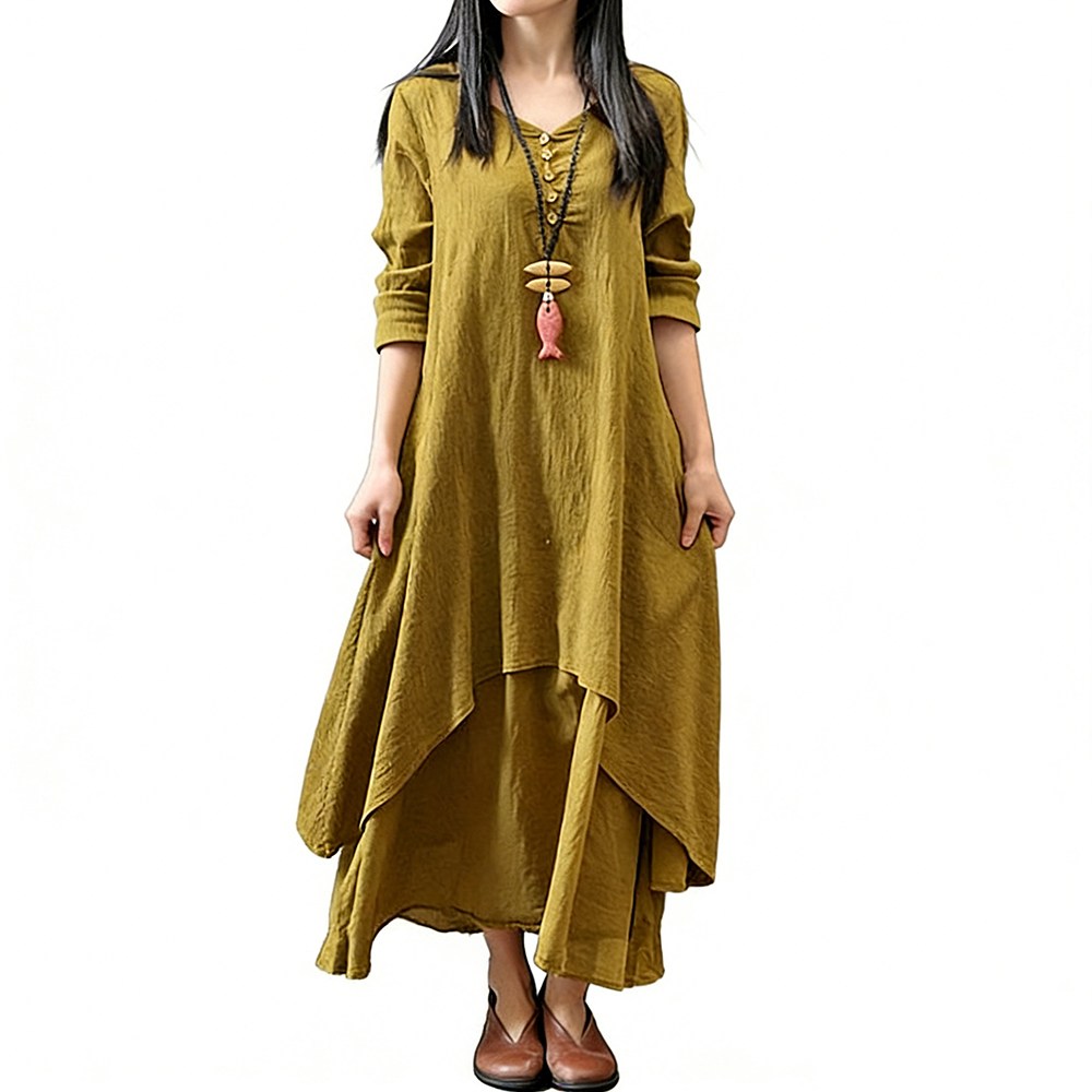 차쿠 여성 브이넥 린넨 롱 원피스 중년 린넨 우너피스 엄마 루즈 빅사이즈 원피스 15,800원