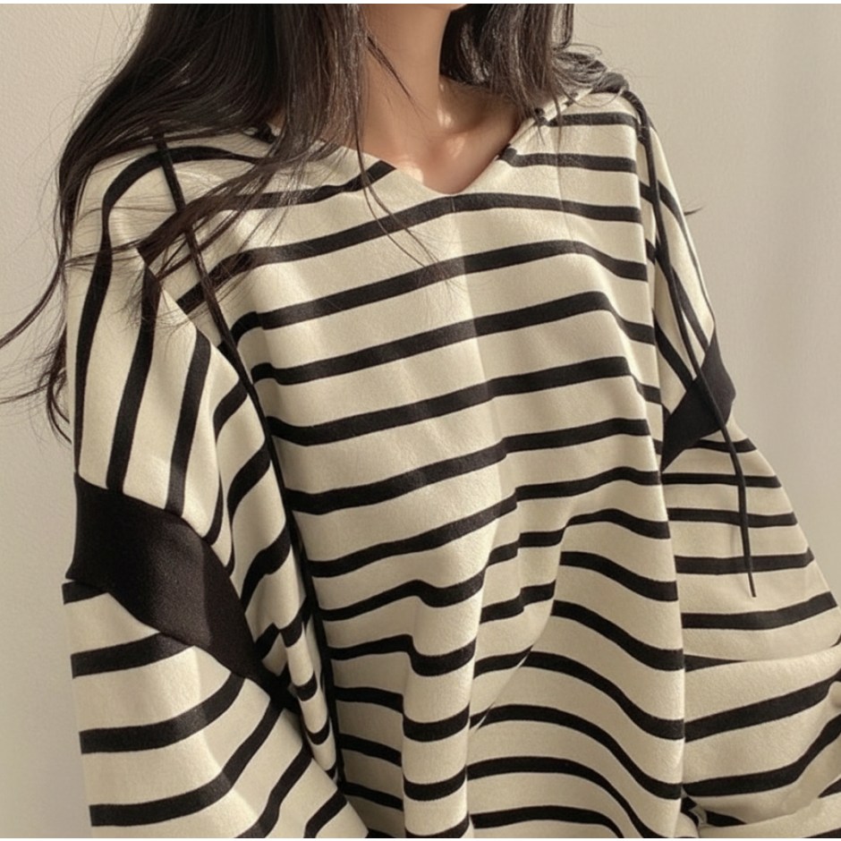 여성 루즈핏 빅사이즈 러블리 스트라이프 맨투맨 후드티 18,600원