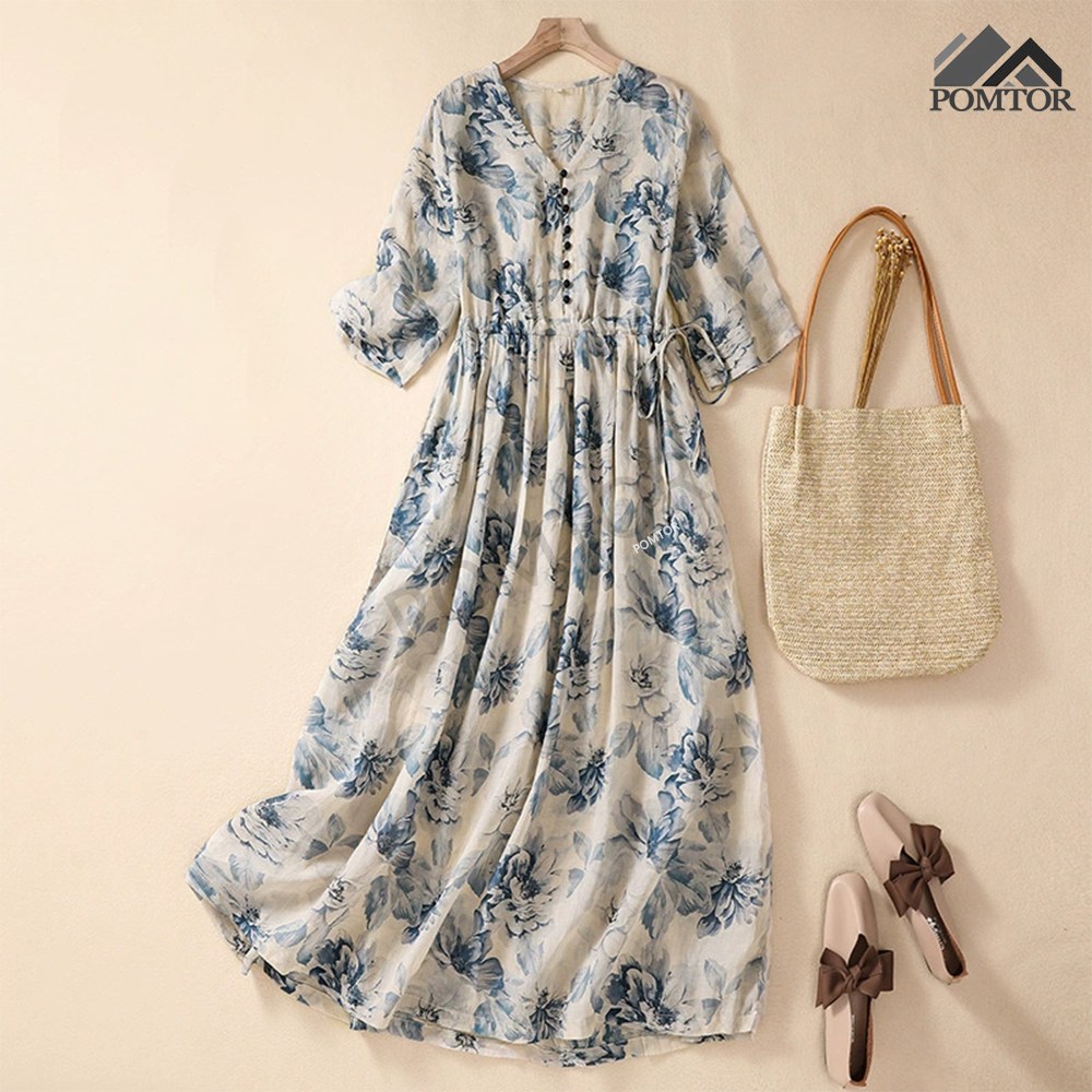 POMTOR 여름 여성 롱 린 원피스  브이넥 스타일리시 플라워 원피스 36,930원