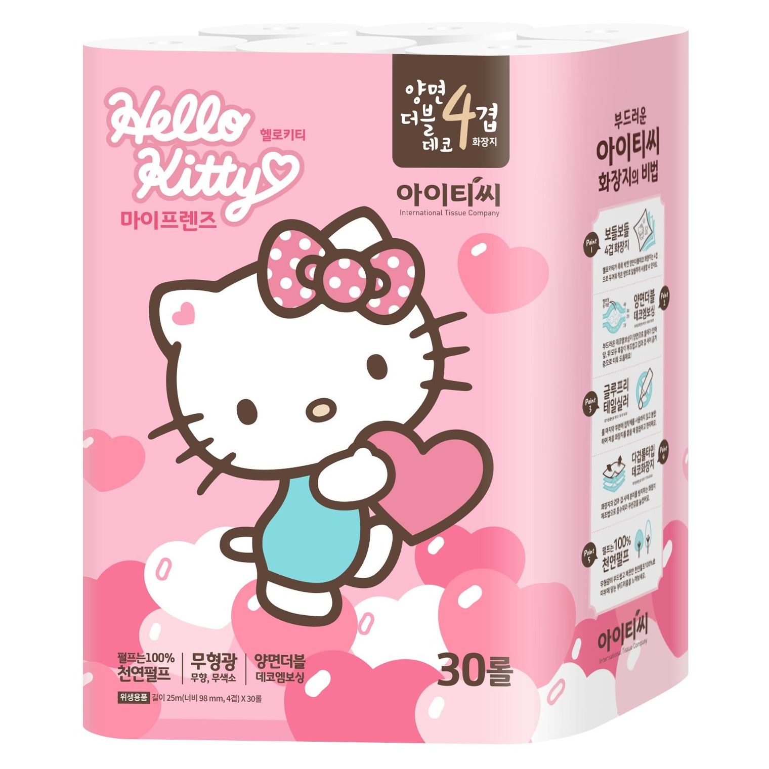 ITC 헬로키티 마이프렌즈 양면 더블 데코 천연펄프 4겹 롤 화장지, 25m, 30개입, 1개 21,600원