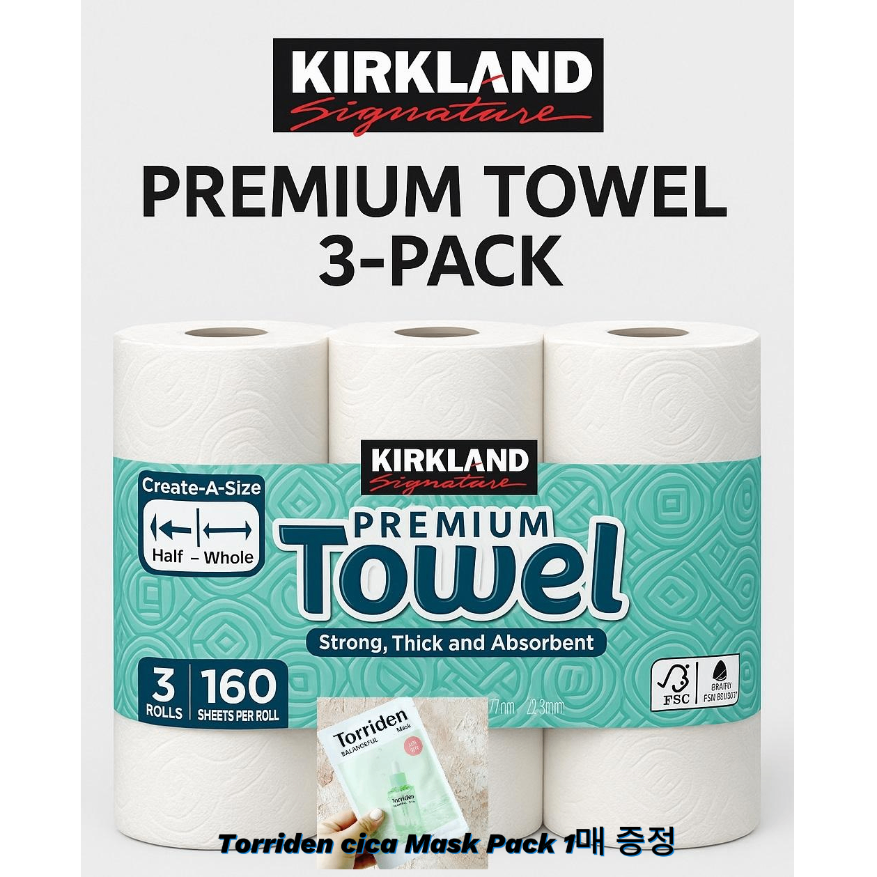 커클랜드 키친타올 3롤(160매*3) 대용량/프리미엄/초강력 흡수력/위생포장/, 1개, 3롤 12,500원